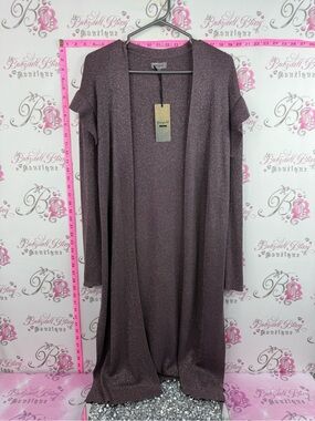 Greenfield basic Open-Front Metallic Knit Duster Cardigan - Dusty Plum NEW